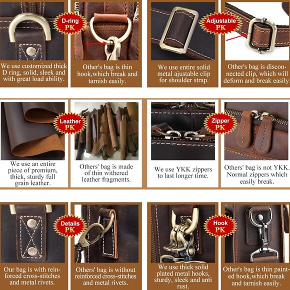 ⚡Men Deep Brown Fits 15.6 Inch Laptop Crossbody Bag Attached Leather Briefcase - Picture 5 of 9